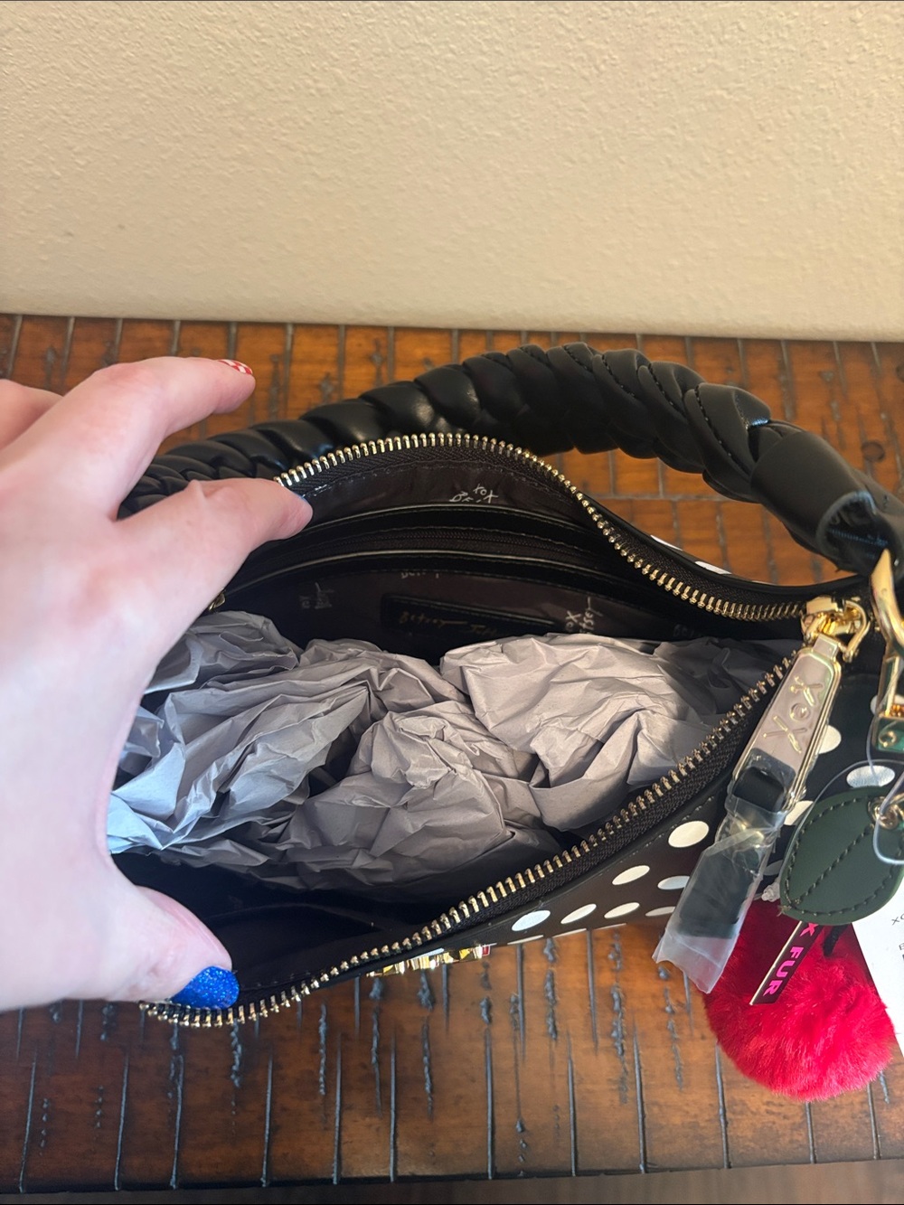 Betsey Johnson Black & White Polka Dot Crescent Shoulder Bag with Cherry Charm - Picture 11 of 16